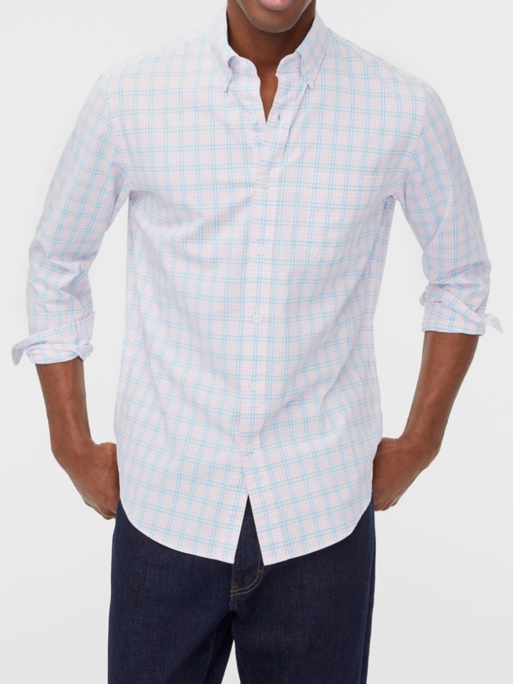 J.Crew flex washed pink and blue plaid button up shirt Large